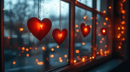 A window decorated with hanging paper hearts and glowing fairy lights.