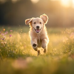 A joyful golden retriever runs through a sunlit field of flowers.