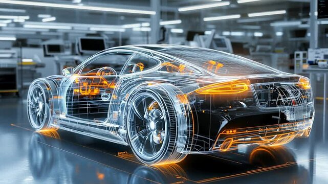 Sleek car design displays intricate holographic components and engineering features in a modern automotive facility, highlighting innovation and craftsmanship
