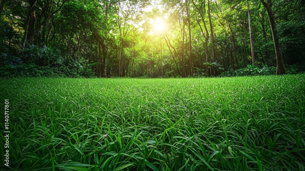 Poster lush green grass illuminated by warm sunlight filtering through dense trees in a serene forest.