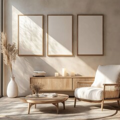 A living room with a white chair, a coffee table, and a bookshelf