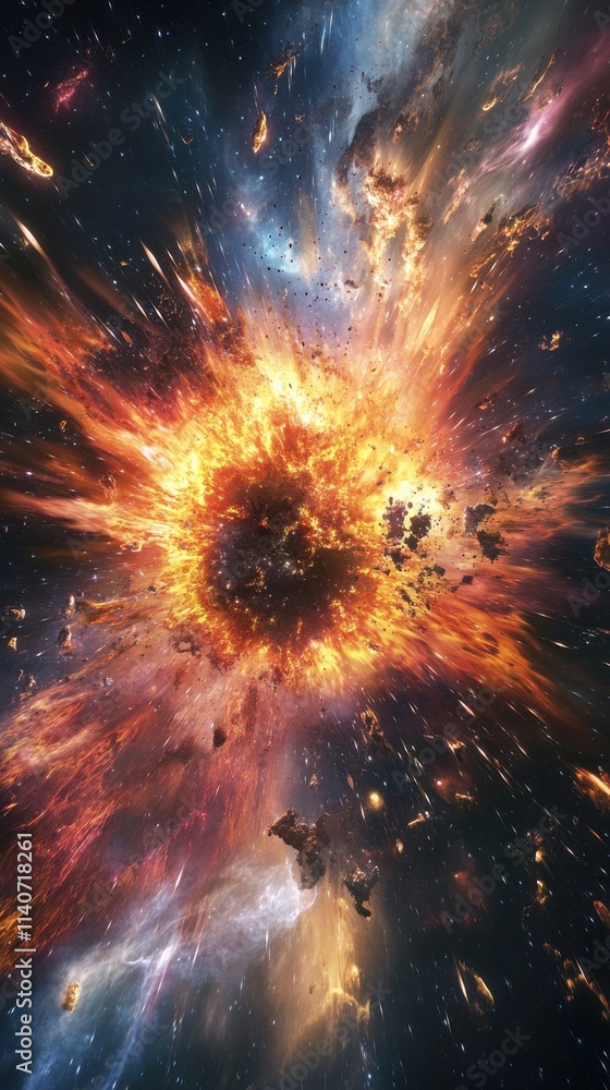 Poster dramatic visual of a supernova explosion showcasing bright colors and cosmic debris in a deep space 