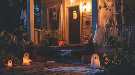 Spooky Halloween porch decorated with ghosts, cobwebs, and pumpkins at night.