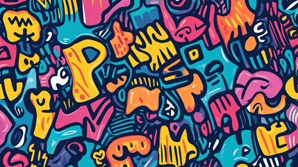 Colorful abstract graffiti-style artwork showcasing playful shapes and letters in a vibrant collage.