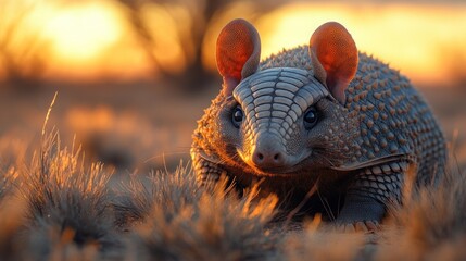 Obraz premium A close-up of an armadillo in a grassy landscape during sunset.