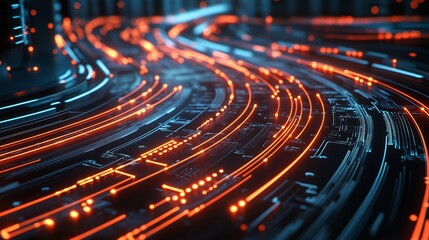 A vibrant abstract depiction of flowing data streams in orange and blue hues, representing technology and digital connectivity.