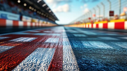 A vibrant view of a racetrack with vivid red and white stripes stretching into the distance under a clear blue sky.