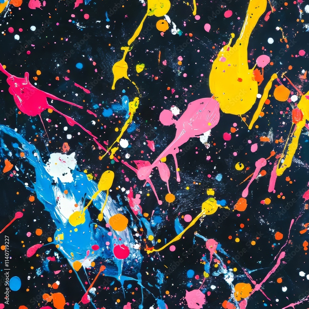 Poster vibrant splashes of color dance on a deep black canvas, creating a bold expression of creativity and