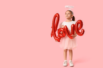 Cute little girl dressed as Cupid with air balloons in shape of word LOVE on pink background....