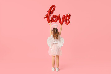 Little girl dressed as Cupid with air balloons in shape of word LOVE on pink background, back view. Valentine's Day celebration