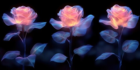 Obraz premium Beautiful glowing roses in ethereal colors against a dark background, showcasing delicate petals and vibrant hues