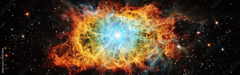 Poster Stunning view of a cosmic supernova showcasing vibrant color patterns and celestial elements in deep space