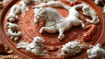 A zodiac wheel featuring all 12 Chinese zodiac animals surrounded by red designs.