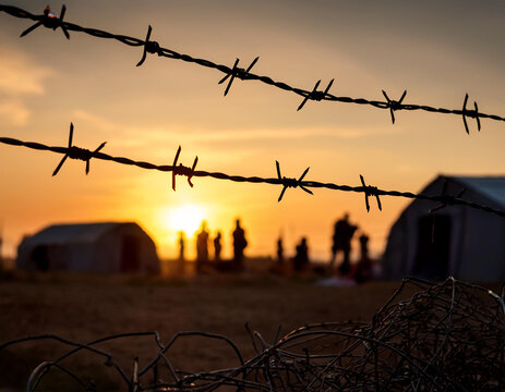 Barbed wire against a sunset, foregrounding a refugee camp’s silhouette.