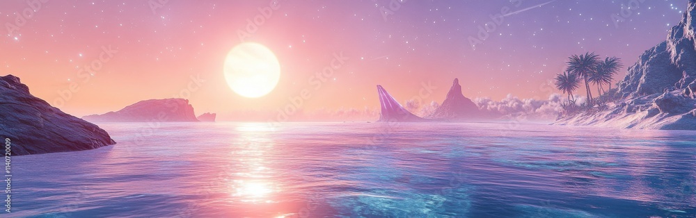 Poster close-up view of an exoplanet with an ethereal sunset and tranquil ocean environment