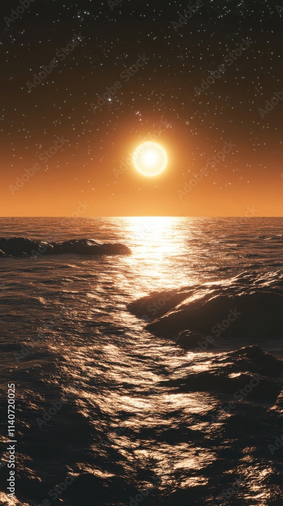 Poster close-up view of an exoplanet with reflective water under a distant sun during twilight