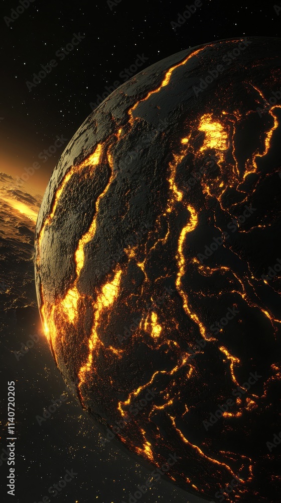 Aufkleber close-up view of a distant exoplanet with molten surface and glowing cracks at night