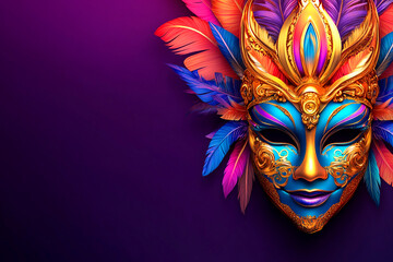 Illustration of a Venetian masquerade mask with bright feathers, set against a purple background. Copy space.