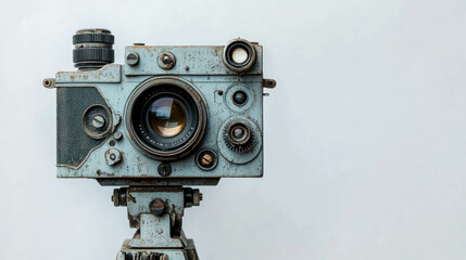 Fototapeta premium Vintage Film Camera With Detailed Lenses And Knobs On White Background. Steampunk Camera Concept