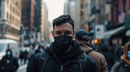 Black Mask Coronavirus. Man in Black Protective Face Mask Walking in the City Amid Pandemic