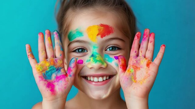 Young child girl with colorful paint on hands and face joyfully expresses creativity while enjoying art activities against a blue backdrop
