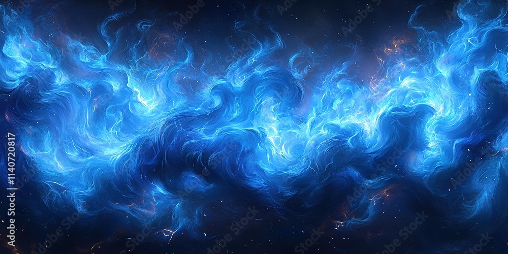 Poster ethereal blue cosmic waves swirling in the universe create a mesmerizing celestial display of energy