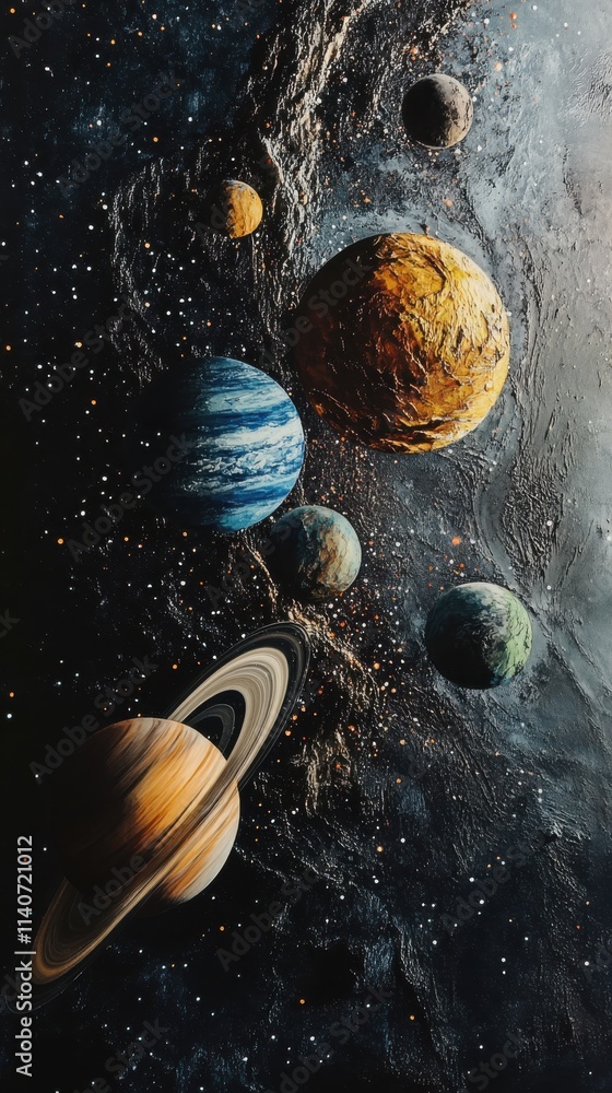 Poster celestial artwork depicting the solar system with vibrant planets and celestial bodies against a sta