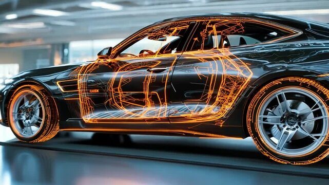 A stylish sports car innovative features and cutting edge holographic design in a sleek, modern showroom