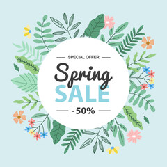 Spring sale. Banner with spring composition. Spring hand logotype, badge typography icon. Lettering spring season with leaf for greeting card, invitation template. 