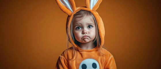 Sad Toddler Girl in Orange Bunny Costume, Upset Child Portrait
