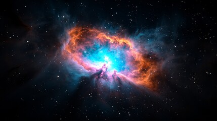Vibrant nebula in deep space, showcasing cosmic dust and gas clouds in shades of orange, blue, and pink.