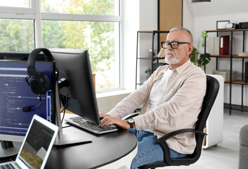 Mature programmer working with computer at table in office