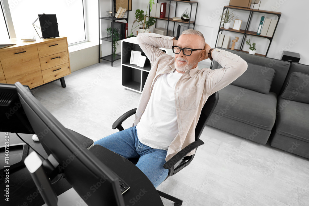 Poster mature programmer resting at table in office