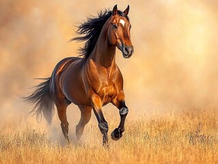 A majestic brown horse galloping through a golden field.