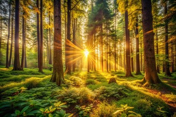 Fototapeta premium Sunny Forest Vintage Photography - Golden Hour Woods, Retro Nature Scene, Antique Camera Effect