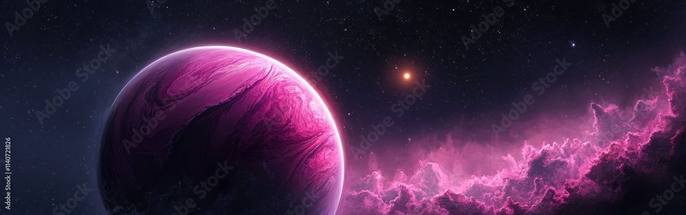 Poster captivating illustration of an exoplanet surrounded by colorful nebula and distant stars in a vibran