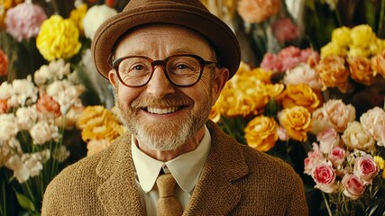 Smiling florist surrounded by colorful flower arrangements in a vibrant shop during the day
