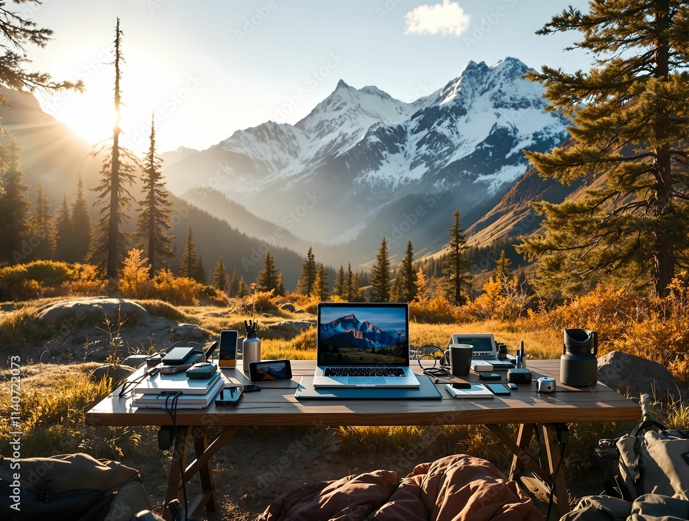 Aufkleber laptop on a desk with a scenic mountain view in the background. the setting appears to be a remote l