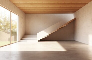A large open room with a staircase and a window