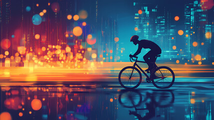 Cyclist riding through the city at night. Reflective. Illustration