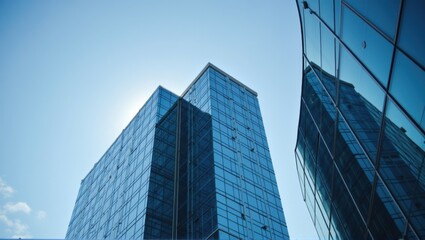 A modern glass skyscraper reflecting the sky, captured from a low-angle perspective, emphasizing its sleek architecture, clean lines, and urban grandeur. Generative, AI,