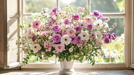 Fototapeta premium A white vase filled with pink and white flowers sits on a windowsill. The flowers are arranged in a way that creates a sense of balance and harmony