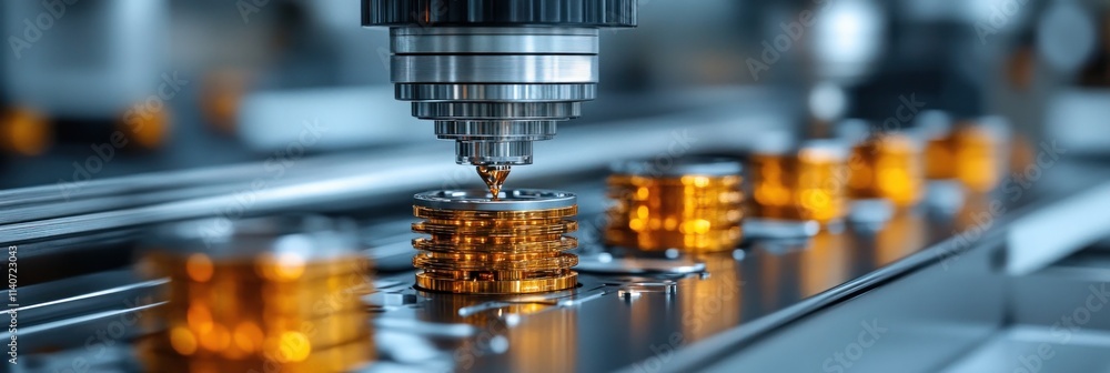 Poster precision machinery in a manufacturing process, showcasing intricate components and automation.