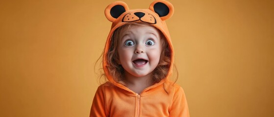 Adorable Toddler Girl in Orange Bear Hoodie Shows Surprise and Delight