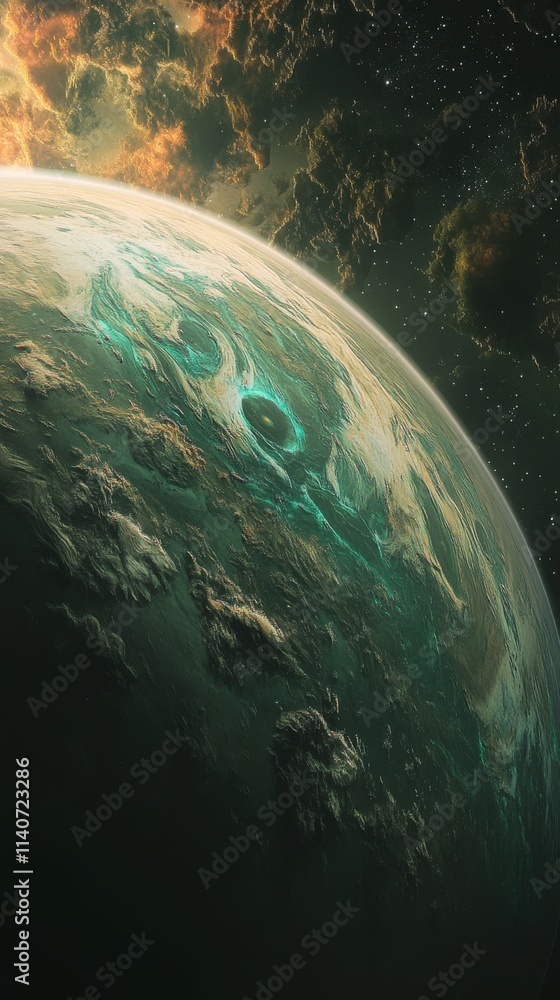 Poster vibrant exoplanet showcasing breathtaking colors and dynamic features in the distant universe