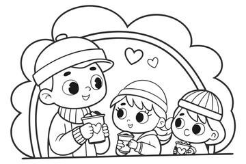 Black and white Vector illustration line outline of family, black and white line drawing, cute cartoon