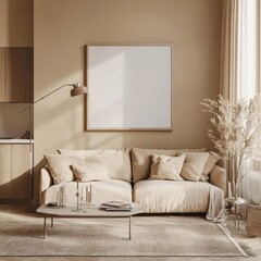 A living room with a white couch and a white wall