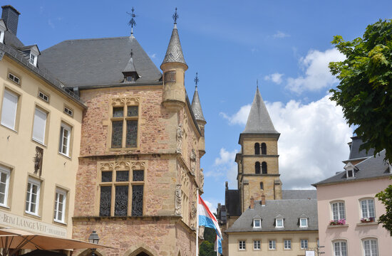 Echternach, Luxembourg, city hall building and historical buildings on the market