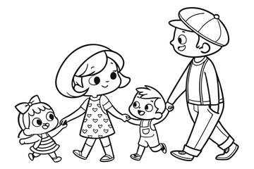 Black and white Vector illustration line outline of family, black and white line drawing, cute cartoon