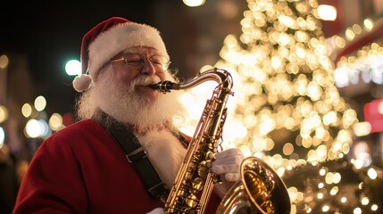 Santa Claus playing the saxophone in a lively holiday parade surrounded by glowing lights